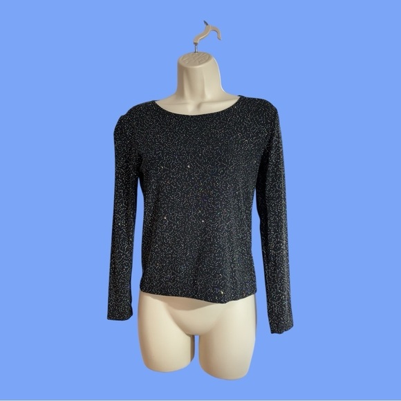 Western Connection Tops - Sparkling Glitzy Knit Top Pullover Long Sleeve Black Iridescent Glitter S/M